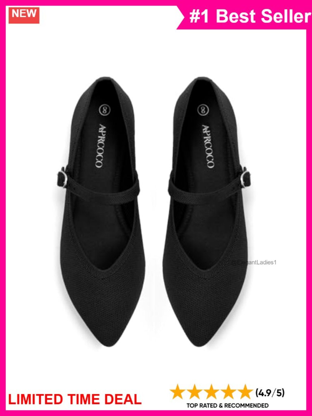 Knit Pointed Toe Ballet Flats with Ankle Strap and Memory Foam Insole
